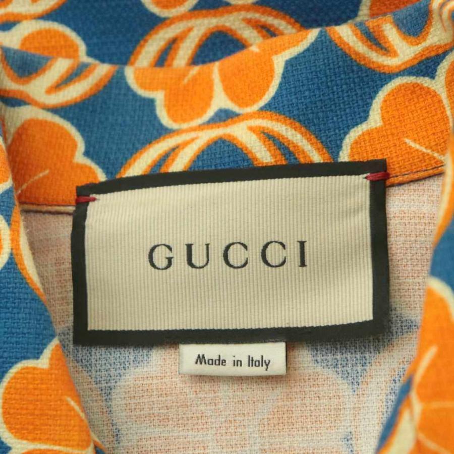 ●GUCCIグッチ黒地×ピンクオレンジ花柄フリル半袖ブラウス38 GUCCI（グッチ） アロハシャツ 半袖 総柄 花柄 コットン 46 オレンジ
