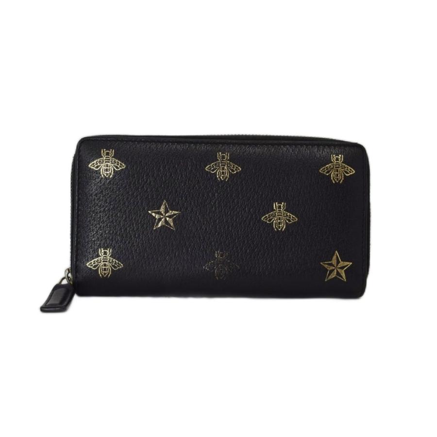 GUCCI ビー＆スター ラウンドジップウォレット 長財布 レザー 黒 金色 GUCCI（グッチ） ビー＆スター ラウンドジップウォレット 長財布 蜂 星