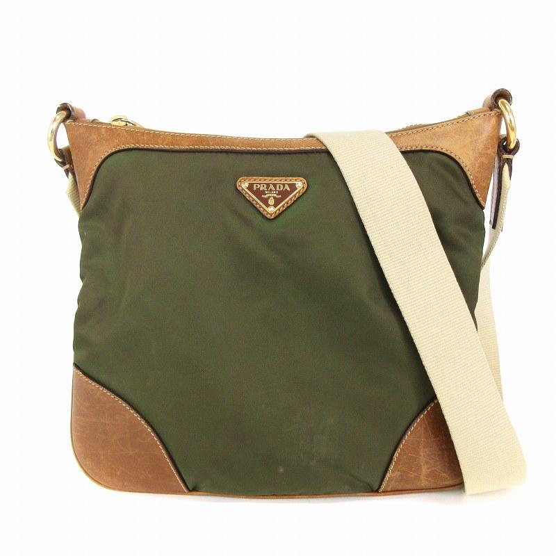美品　プラダ　レディース　ショルダーバッグ　ナイロン　三角プレート　カーキー PRADA（プラダ） ショルダーバッグ 斜めがけ ナイロン レザー 三角