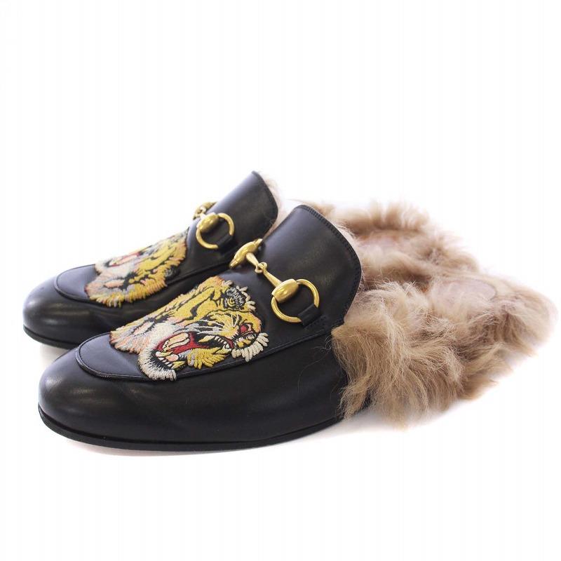 GUCCI プリンスタウン ファーローファー 黒39サイズ GUCCI☆ホースビット プリンスタウン ファー 39 ブラック ローファー