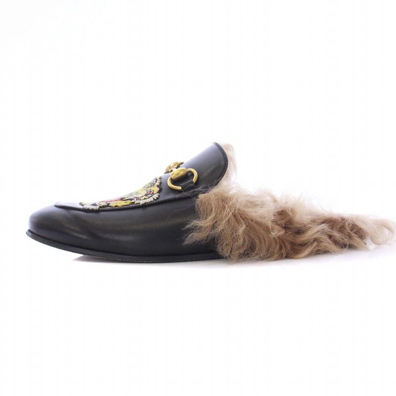 【中古】グッチ GUCCI プリンスタウン ホースビット 虎模様 サンダル フラット ファー レザー 24cm 黒 ブラック /KH GUCCI（グッチ） プリンスタウン ホースビット 虎模様 サンダル