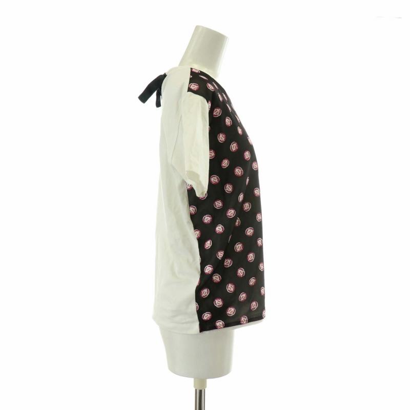 【中古】ミュウミュウ miumiu Tシャツ カットソー 半袖 クルーネック 切り替え 総柄 S 白 ホワイト 黒  /XZ ■GY19 miu miu（ミュウミュウ） miumiu Tシャツ カットソー 半袖 クルー