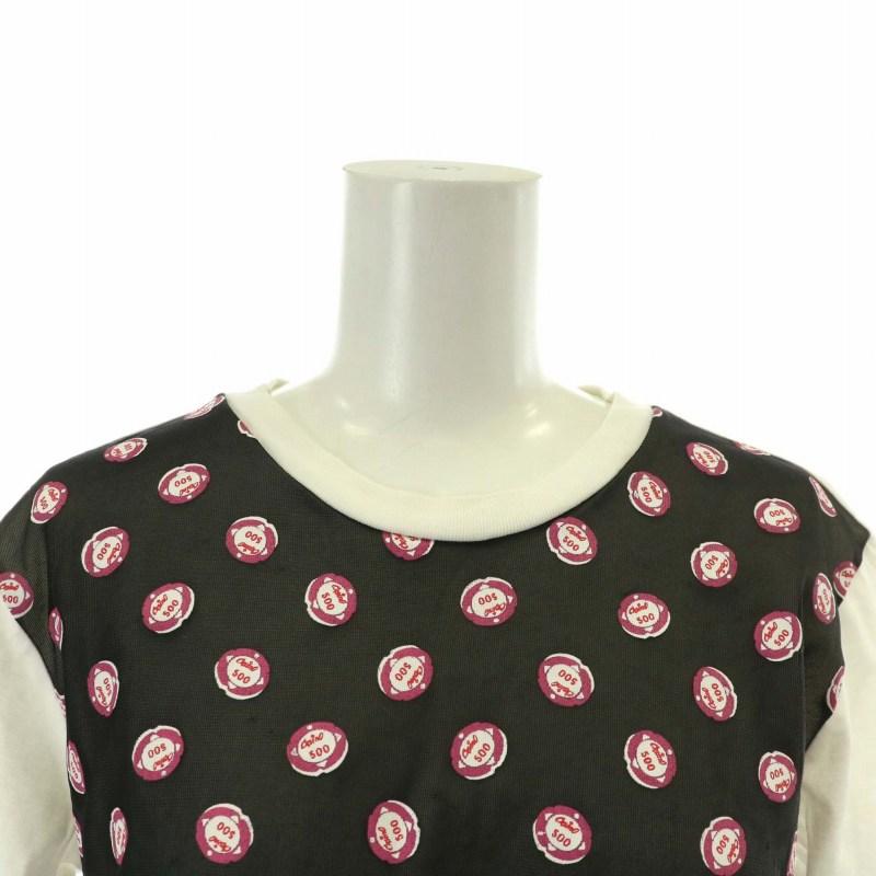 【中古】ミュウミュウ miumiu Tシャツ カットソー 半袖 クルーネック 切り替え 総柄 S 白 ホワイト 黒  /XZ ■GY19 miu miu（ミュウミュウ） miumiu Tシャツ カットソー 半袖 クルー