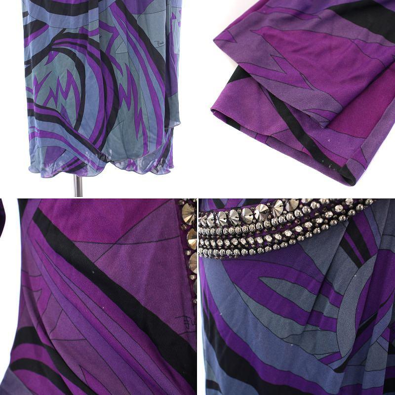 エミリオプッチ ワンピース プッチ柄 総柄 ドレープ ブルー 38サイズ エミリオプッチ ワンピース プッチ柄 ベルト付き レディース