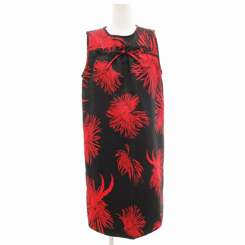 【中古】ヌメロヴェントゥーノ N°21 美品 ワンピース ノースリーブ 花柄 リボン ひざ丈 38 黒 ブラック 赤 レッド ヌメロヴェントゥーノ N°21 美品 ワンピース ノースリーブ 花柄 リボン