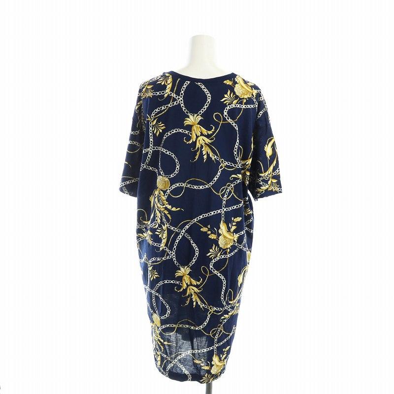 【中古】グッチ GUCCI オールドグッチ ヴィンテージ ワンピース 半袖 ドルフィン チェーン 総柄 L 紺 ■GY18 /MQ GUCCI（グッチ） オールドグッチ ヴィンテージ ワンピース 半袖