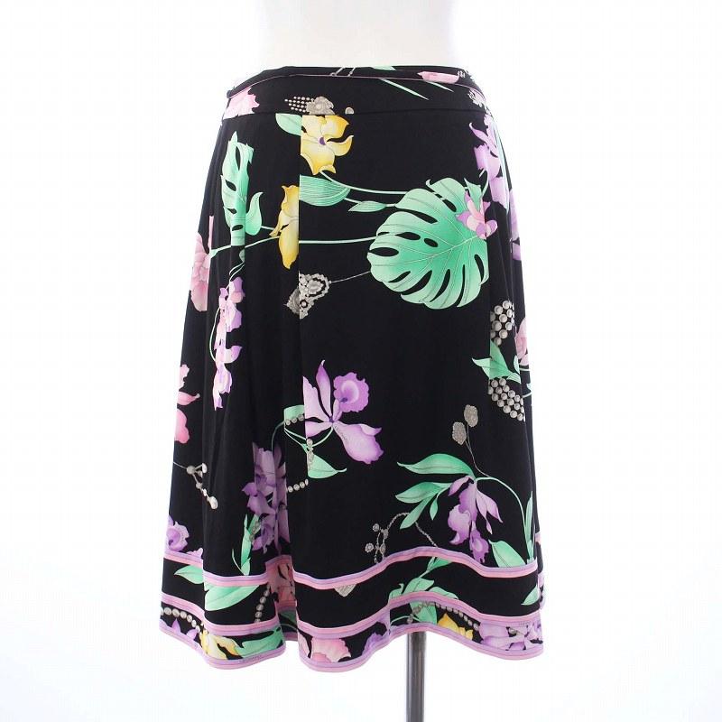 極美品【レオナール】ひざ丈スカート M フレア カンカン素材 近年モデル 花柄 レオナール LEONARD FASHION フレアスカート ひざ丈 花柄 カンカン素材