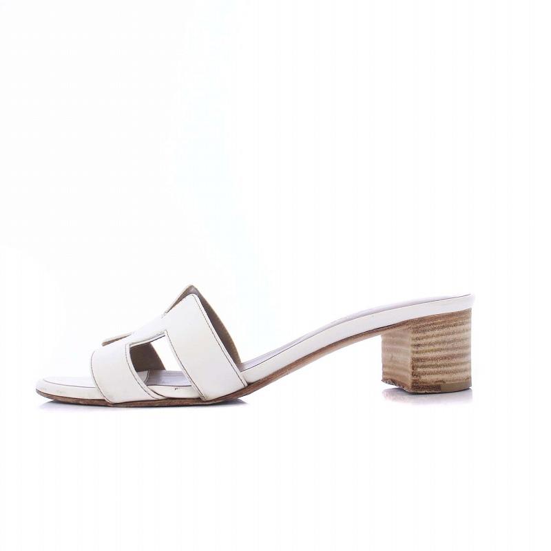 美品 エルメス オアジス レザー ミュール 白 36.5 Hロゴ レディース