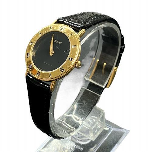 GUCCI グッチ 3000.2.L クォーツ 腕時計 ブラック ゴールド GUCCI】グッチ 腕時計 3000.2.L 金メッキ×レザー 黒 クオーツ