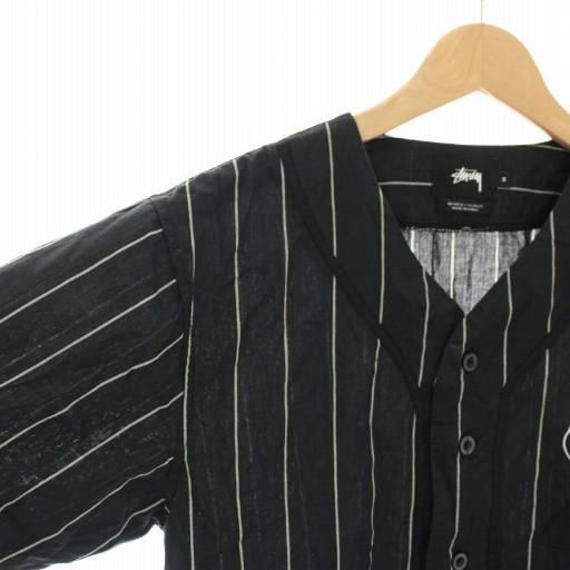 STUSSY ブラックストライプ ベースボールシャツ Lサイズ STUSSY（ステューシー） ストライプポプリンベースボールシャツ Stripe