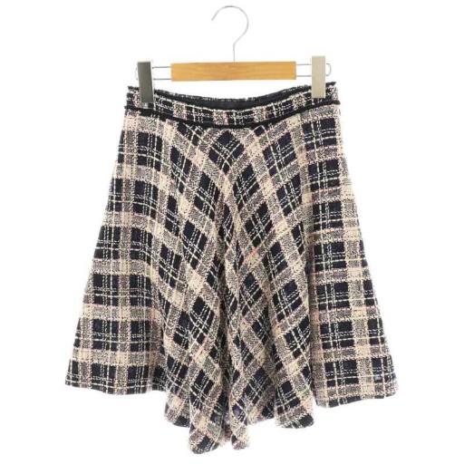 【中古】ミュウミュウ miumiu MG807 3Q0 ツイードチェックフレアスカート ミニ 36 ネイビー ピンク ホワイト miu miu（ミュウミュウ） miumiu MG807 3Q0 ツイードチェックフレア