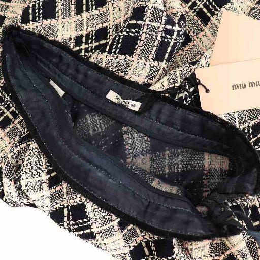 【中古】ミュウミュウ miumiu MG807 3Q0 ツイードチェックフレアスカート ミニ 36 ネイビー ピンク ホワイト miu miu（ミュウミュウ） miumiu MG807 3Q0 ツイードチェックフレア