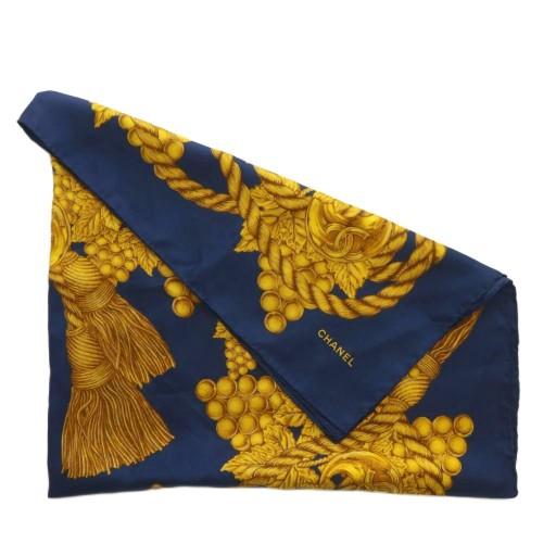 CHANEL（シャネル） スカーフ 大判 絹 シルク 総柄 ココマーク ロゴ 紺