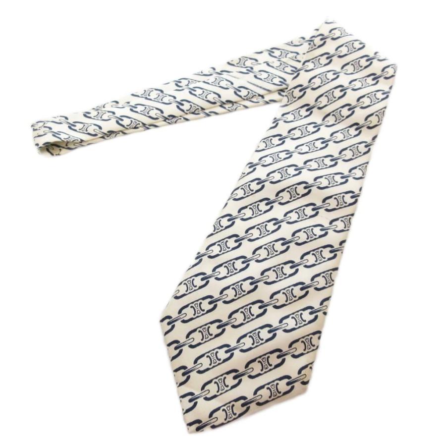 【中古】セリーヌ CELINE ネクタイ ワイドタイ 総柄 白 ホワイト 紺 ネイビー /AE ■GY47 メンズ CELINE（セリーヌ） ネクタイ ワイドタイ 総柄 白 ホワイト 紺