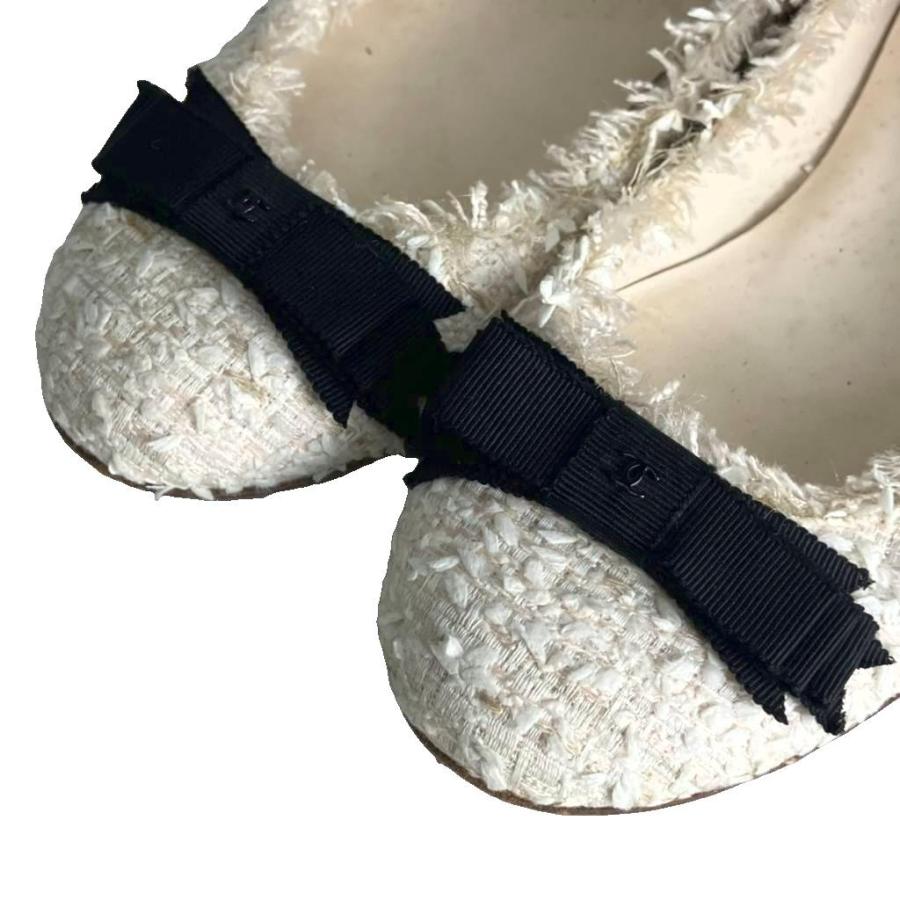 シャネル CHANEL ツイード フラットパンプス リボン 35.5 白 ホワイト G27192 ☆AA★ レディース