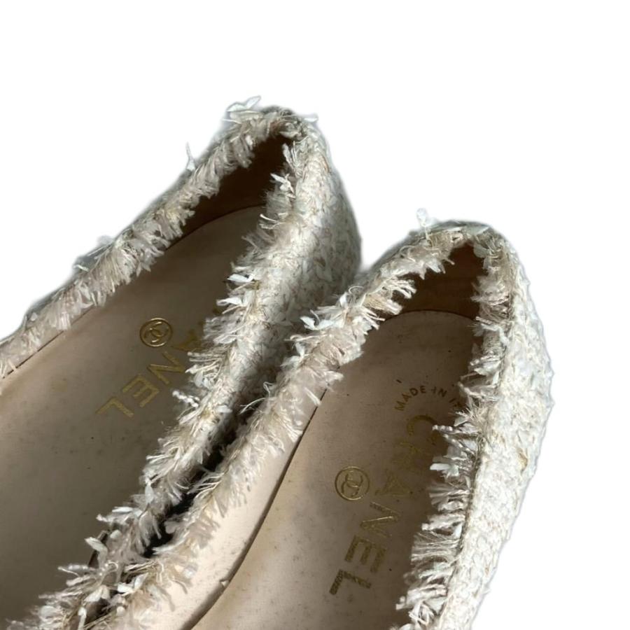 シャネル CHANEL ツイード フラットパンプス リボン 35.5 白 ホワイト G27192 ☆AA★ レディース