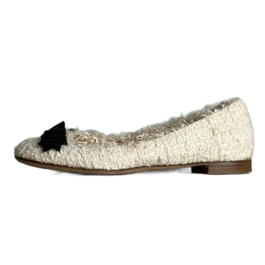 シャネル CHANEL ツイード フラットパンプス リボン 35.5 白 ホワイト G27192 ☆AA★ レディース