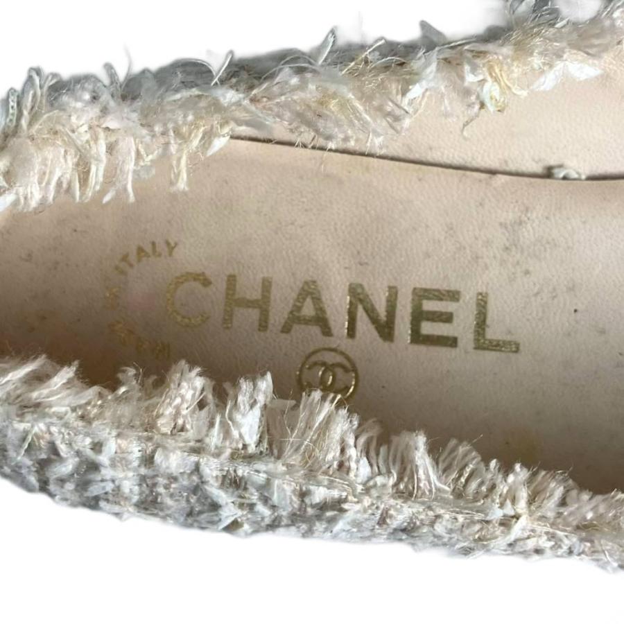 シャネル CHANEL ツイード フラットパンプス リボン 35.5 白 ホワイト G27192 ☆AA★ レディース
