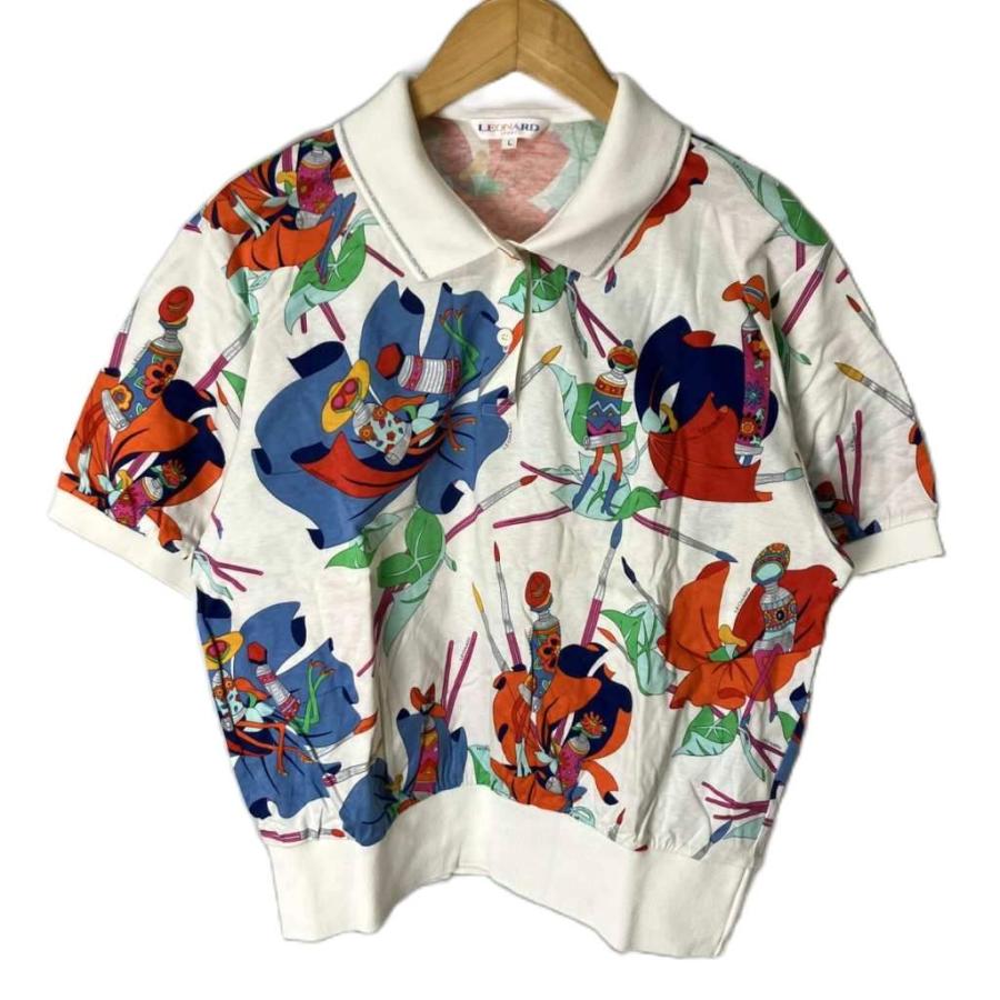 39 美品　大きいサイズ　leonard 花柄　ポロシャツ LEONARD SPORT レオナール スポーツ 花柄 ポロシャツ ホワイト Mサイズ