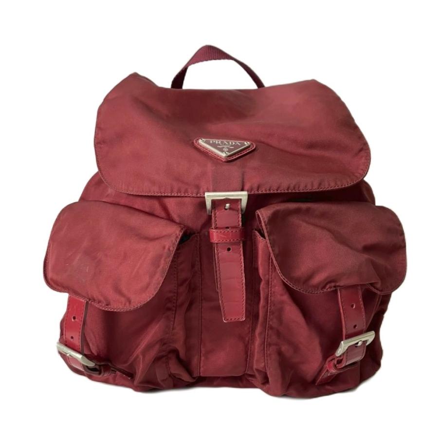 【美品】PRADA プラダ リュック 三角プレート ナイロン レッド ロゴ レア PRADA（プラダ） リュックサック デイパック ナイロン 三角プレート
