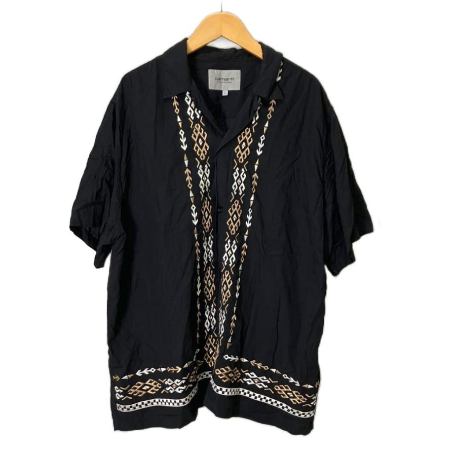 FLAX レーヨン 半袖 シャツ 黒 M 古着　ブラック　オープンカラー　開襟 カーハート carhartt WIP S COBA SHIRT 開襟シャツ オープンカラー
