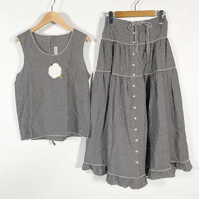 【中古】カネコイサオ KANEKO ISAO セットアップ ブラウス スカート ギンガムチェック ピコフリル フラワー 黒 白 レディース カネコイサオ KANEKO ISAO セットアップ ブラウス スカート ギンガム