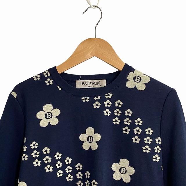 バルマン BALMAIN ニット セーター 花柄 ロゴ 紺 ネイビー 40 L相当 