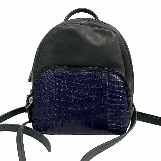 マットクロコダイル リュック バッグパック 鞄 ワニ革 レザー 紺  