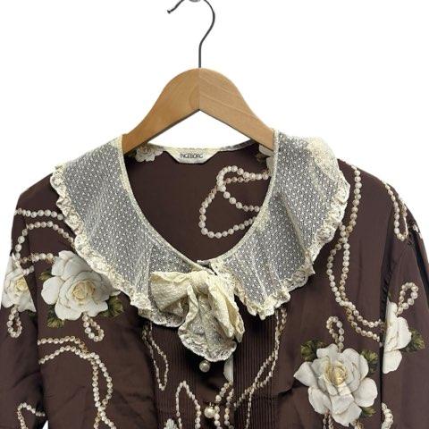 インゲボルグ INGEBORG パール花柄 半袖シャツブラウス レースリボン M 