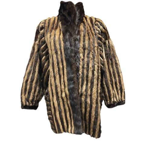 ミンク MINK 毛皮 縞模様 ロングコート リアルファー ブラウン 13号 XL