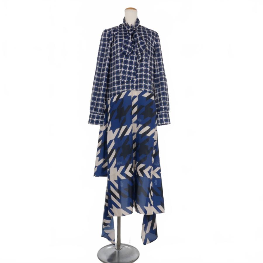 ロク rokh 20AW スカーフ チェック ロング ワンピース 長袖 38 ブルー  