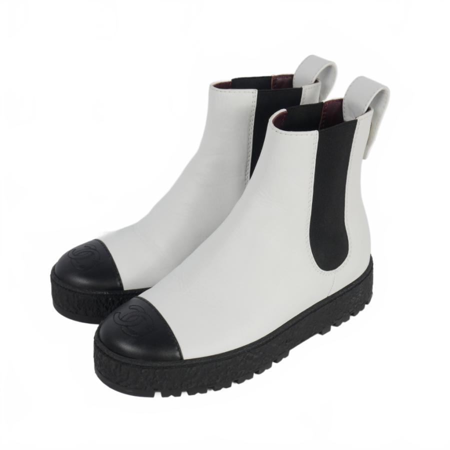 【中古】シャネル CHANEL ココマーク サイドゴアブーツ アンクルブーツ 35C ホワイト ブラック G37927 レディース CHANEL（シャネル） ココマーク サイドゴアブーツ アンクルブーツ 35C