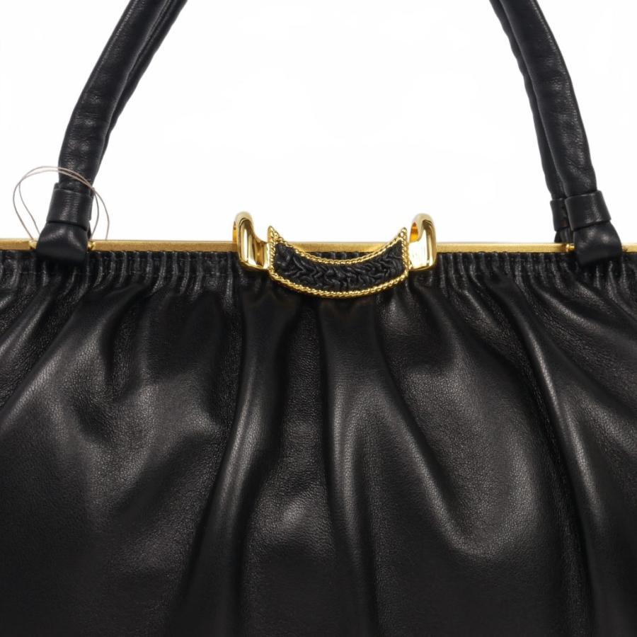 ハマノ HAMANO がま口 ハンドバッグ ラムレザー 黒 ブラック  