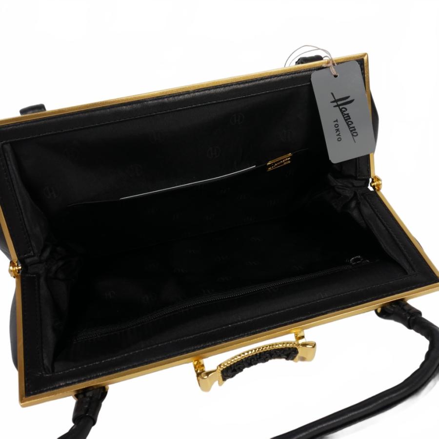 ハマノ HAMANO がま口 ハンドバッグ ラムレザー 黒 ブラック  