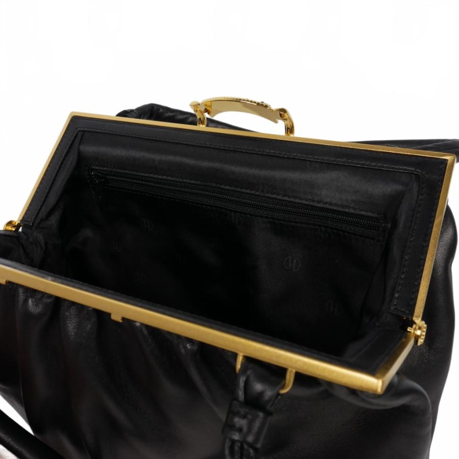 ハマノ HAMANO がま口 ハンドバッグ ラムレザー 黒 ブラック  