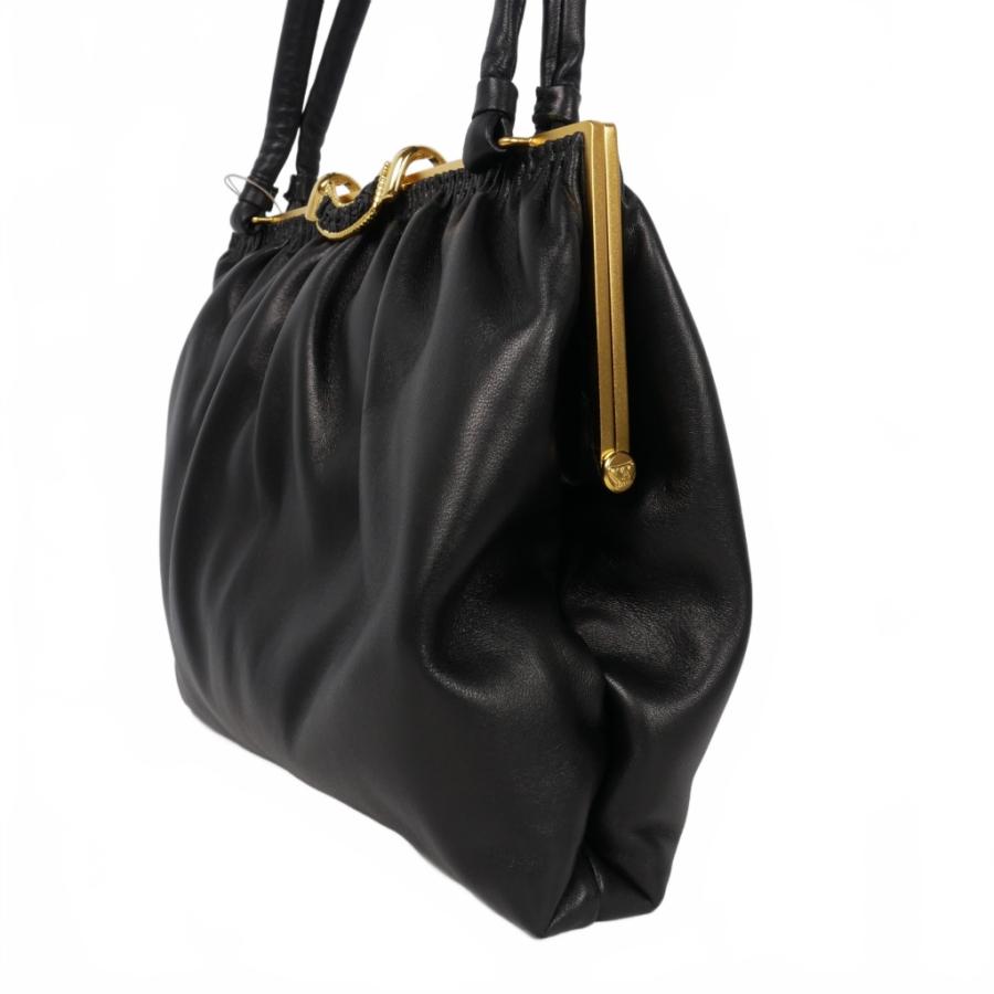 ハマノ HAMANO がま口 ハンドバッグ ラムレザー 黒 ブラック