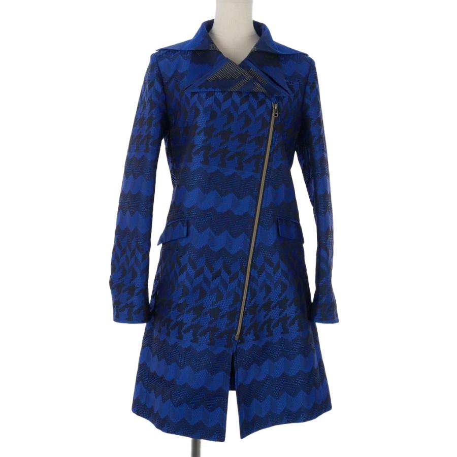 イッセイミヤケ ISSEY MIYAKE 千鳥格子 総柄 ジップアップ コート ロングジャケット 2 青 ブルー IM13FA527 レディース