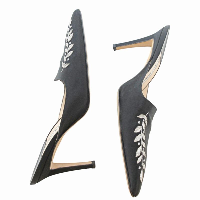 マノロブラニク MANOLO BLAHNIK 美品 サテン ミュール サンダル ポイン 