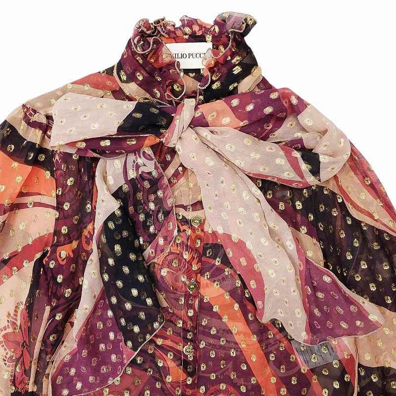 エミリオプッチ EMILIO PUCCI ボウタイ付 総柄シルクシャツ ブラウス  