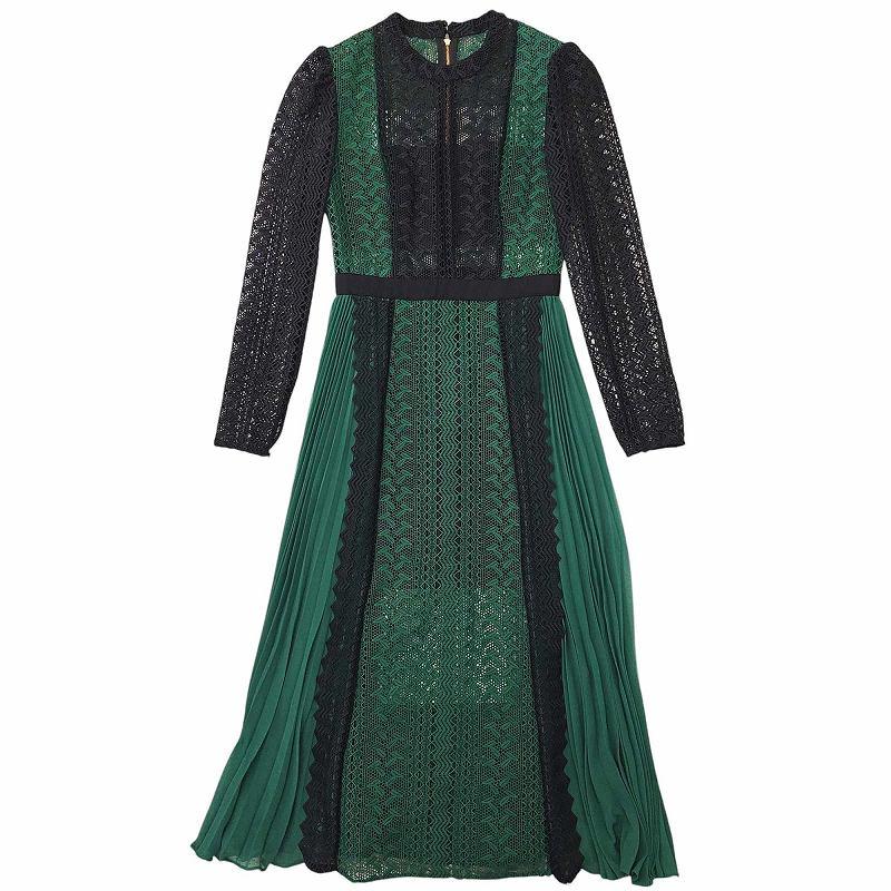 セルフポートレイトプリーツロングワンピースリボンバイカラー