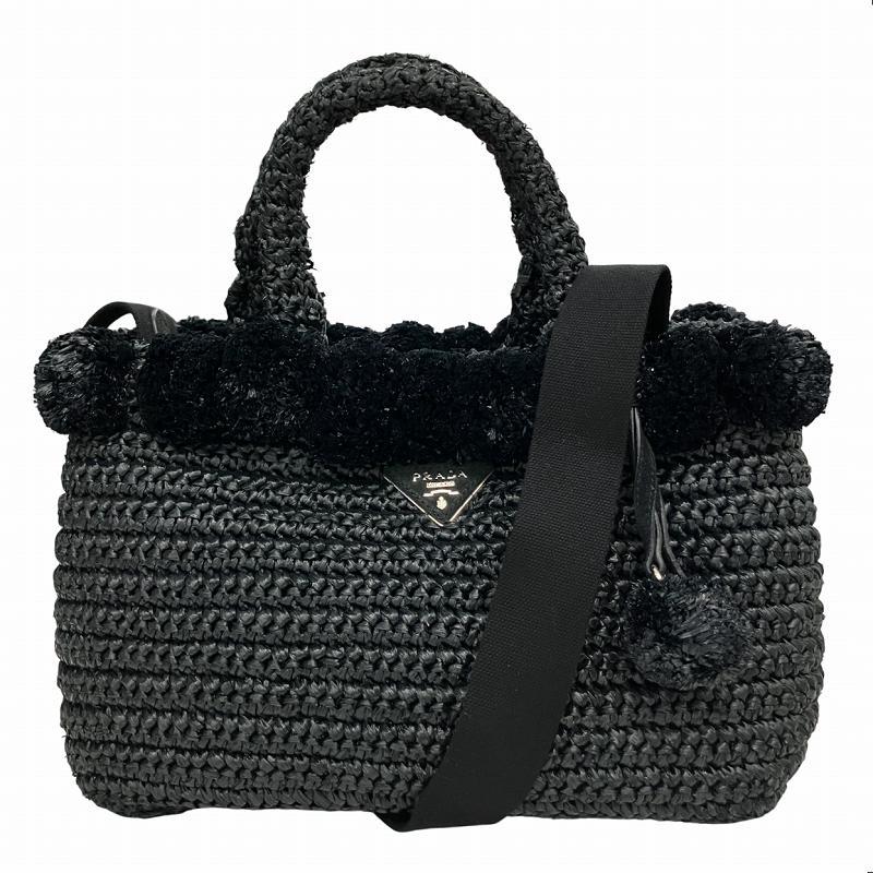 プラダ PRADA ラフィア ポンポントートバッグ カゴ編み 1BG889 黒 PRADA プラダ ラフィア ポンポン トートバッグ ショルダーバッグ