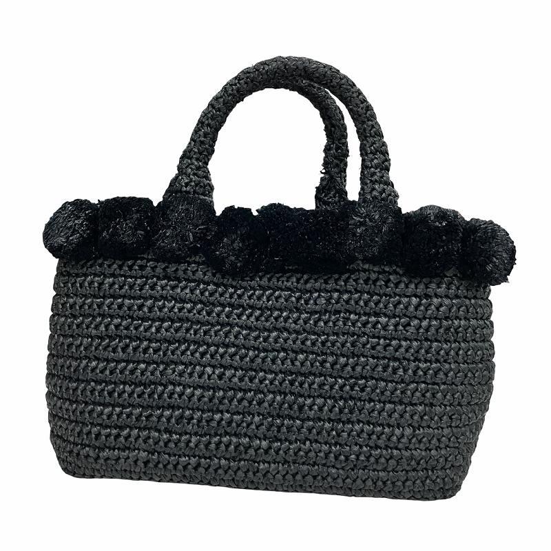 プラダ PRADA ラフィア ポンポントートバッグ カゴ編み 1BG889 黒 PRADA プラダ ラフィア ポンポン トートバッグ ショルダーバッグ