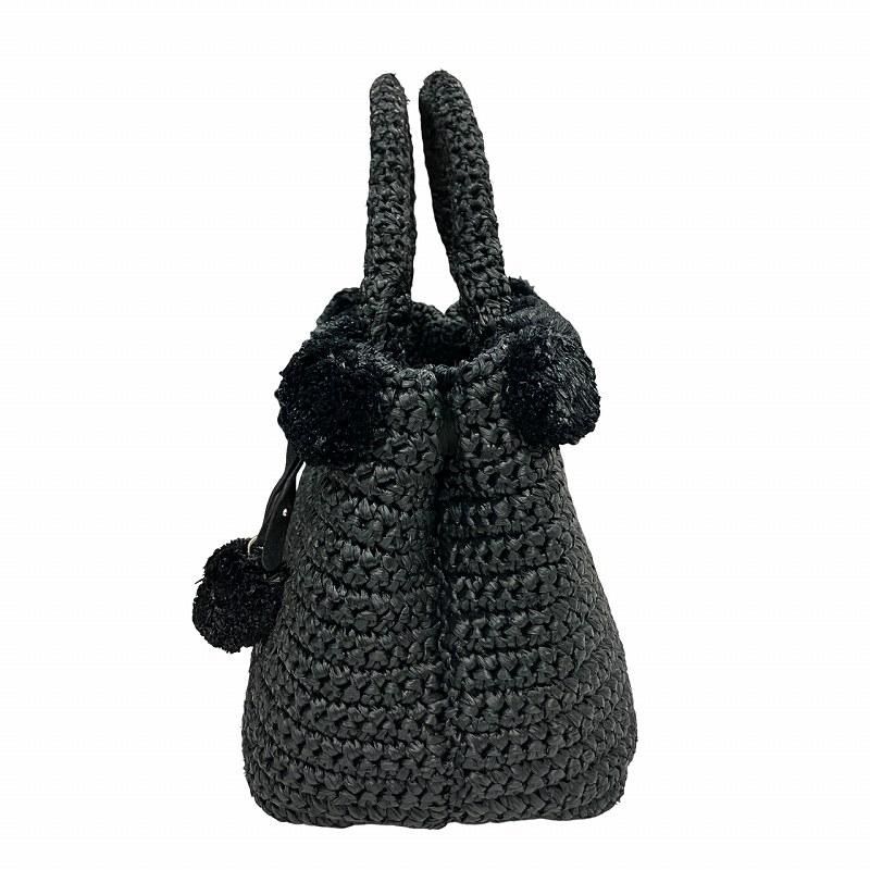 プラダ PRADA ラフィア ポンポントートバッグ カゴ編み 1BG889 黒 PRADA（プラダ） ラフィア ポンポン トートバッグ ショルダーバッグ