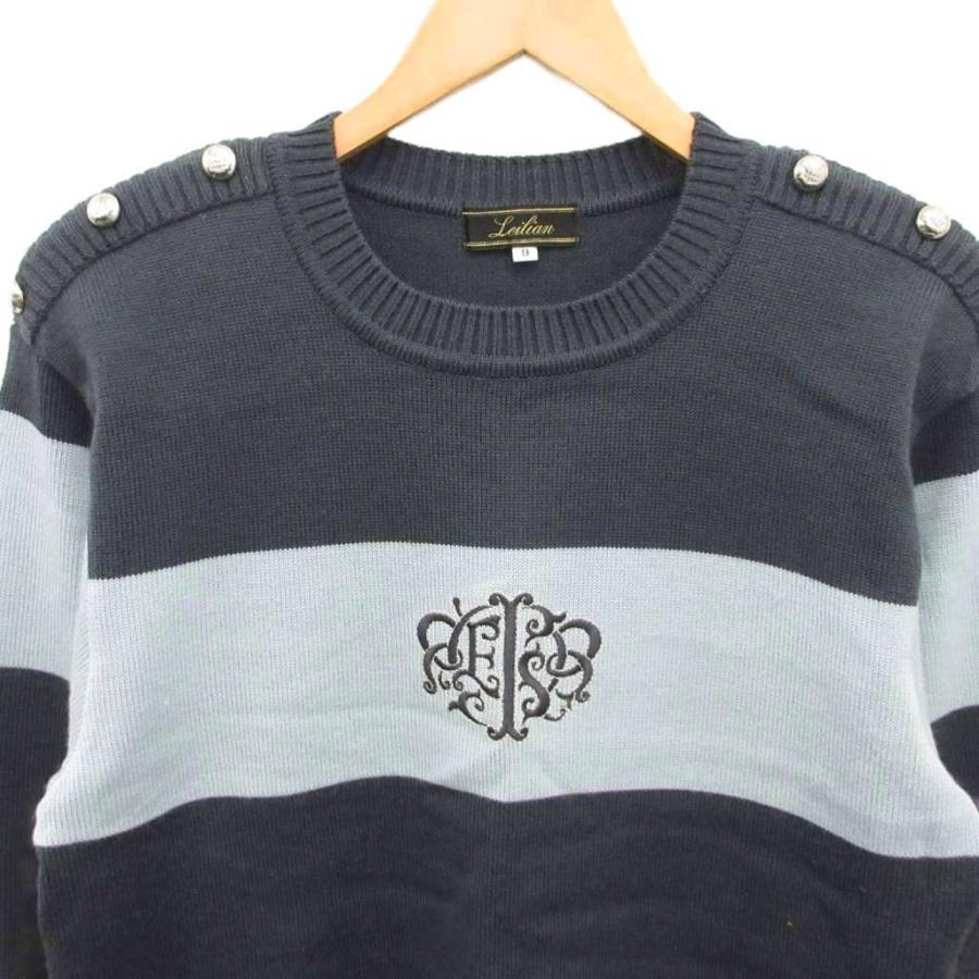 レリアン Leilian ニット セーター ボーダー 刺繍 ボタン グレー 青 9