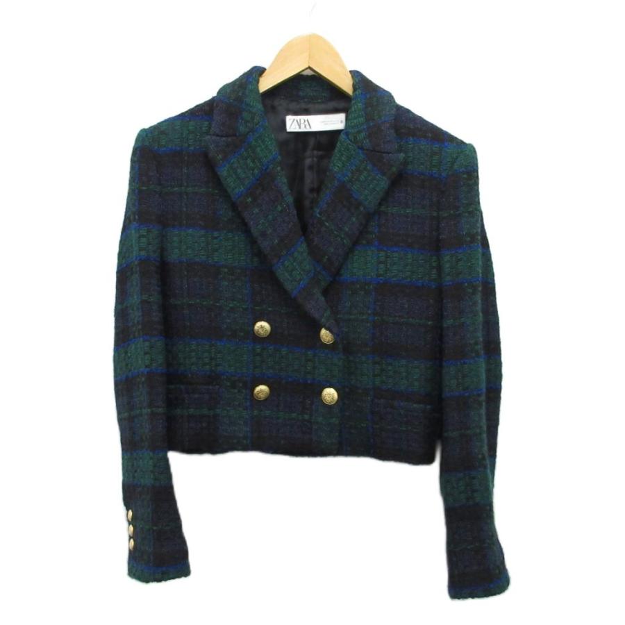 ZARA（ザラ） ツイードジャケット ブレザー チェック 金ボタン 短丈 緑