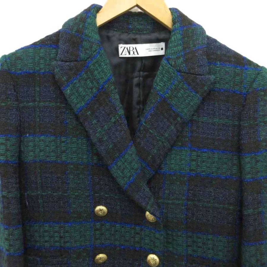ZARA（ザラ） ツイードジャケット ブレザー チェック 金ボタン 短丈 緑