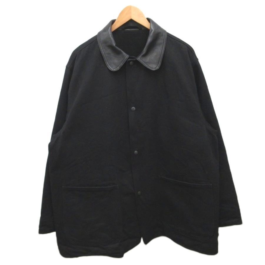 コモリ 24AW LEATHER WORK JACKET ワークジャケット カバーオール 襟レザー 切替 羊革 オーバーサイズ 2 黒 ブラック A03-01027 メンズの画像