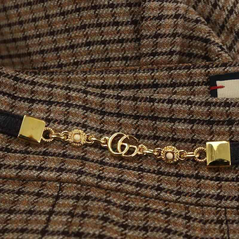 グッチ GUCCI リネン チェック GGチェーン スリットプリーツスカート 