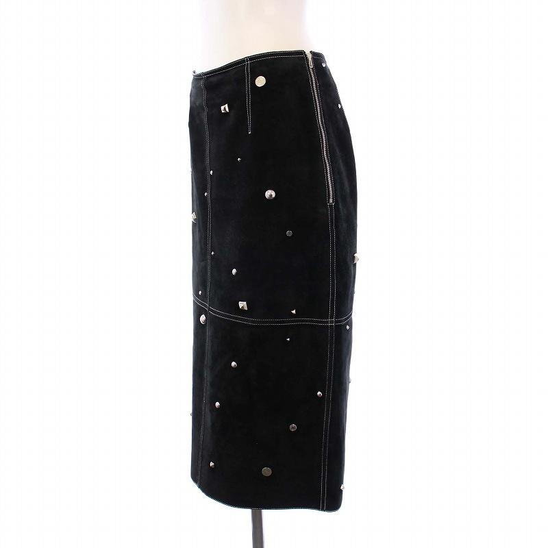 【中古】エルメス HERMES 19年製 スエードスカート タイト ロング スタッズ セリエボタン 38 ブラック レディース HERMES（エルメス） HERMES 19年製 スエードスカート タイト ロング