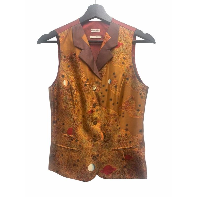 HERMES / ジレベスト/--/シルク/BEG/総柄 HERMES エルメス ベスト ジレ 絹 シルク 総柄 36 茶 ブラウン ☆AA